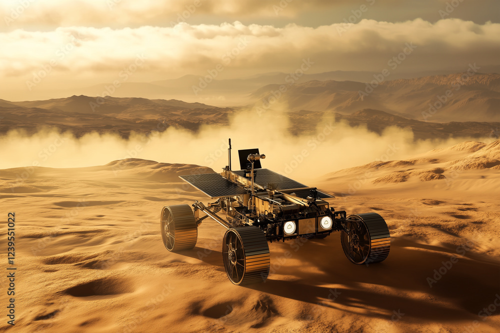 Fototapeta premium Mars rover explores arid terrain under dusty skies during a sunset on the Red Planet