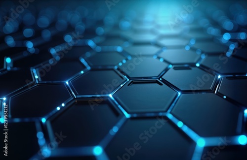 Abstract digital hexagon pattern. Futuristic design. Modern tech background. Blue light shining on dark surface. Geometric shape. Interconnected elements. Concept for innovation  tech. Modern