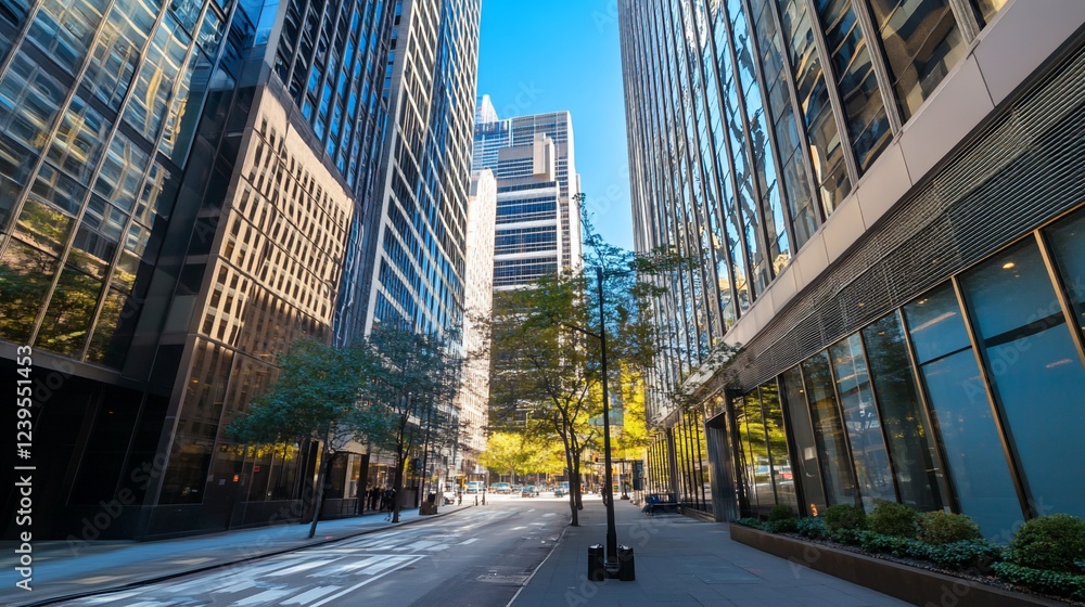 Obraz premium Skyscrapers rise above the urban street with their glass and steel facades