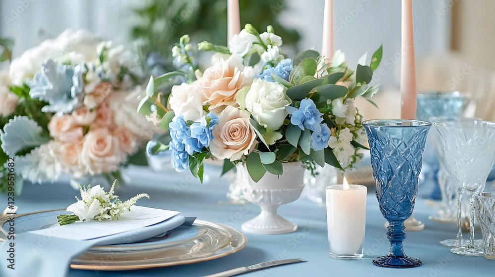 National Wedding Planning Day Elegant wedding table setting with floral centerpieces and blue accents National Wedding Planning Day Elegant wedding table setting with floral centerpieces and blue accents