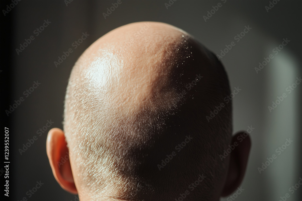Fototapeta premium Person with shaved head in soft light, creating a calm atmosphere in a serene indoor setting