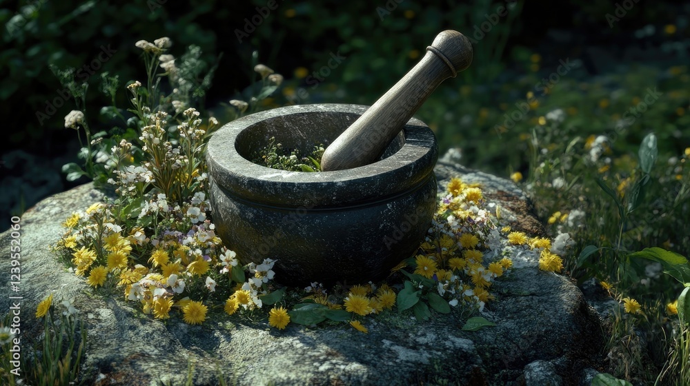 An artistic representation of a mortar and pestle, symbolizing pharmacy, with herbs surrounding it An artistic representation of a mortar and pestle, symbolizing pharmacy, with herbs surrounding it