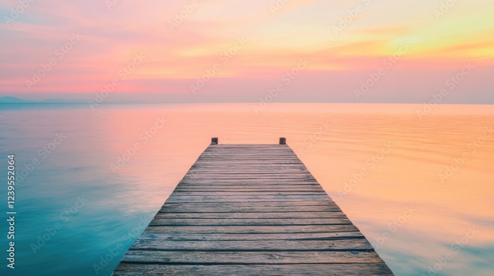 Fototapeta premium Calm sunset view over serene lake with wooden pier stretching into the tranquil waters. Generative AI
