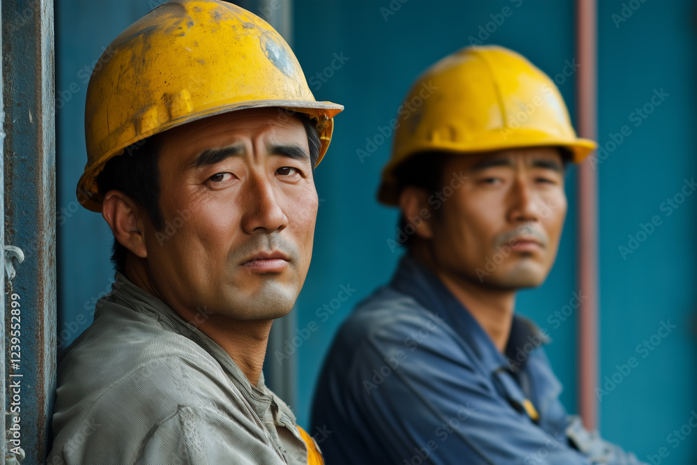 Workers taking a break on a construction site in an urban area during the afternoon sunlight Workers taking a break on a construction site in an urban area during the afternoon sunlight