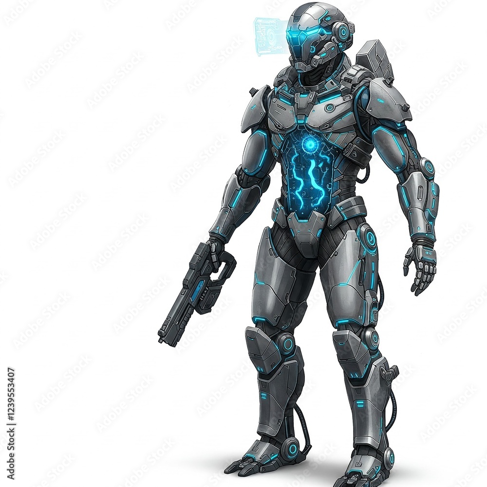 Futuristic Exoskeleton Suit 3D Model with Integrated Weapons Systems on White Background Futuristic Exoskeleton Suit 3D Model with Integrated Weapons Systems on White Background