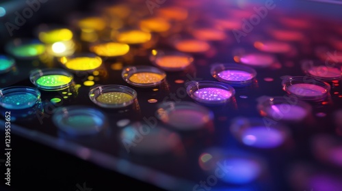 An upclose view of a labonachip surface displaying an array of colorful reactive samples p within distinct microwells with a magnified coalescence of liquids demonstrating chemical photo