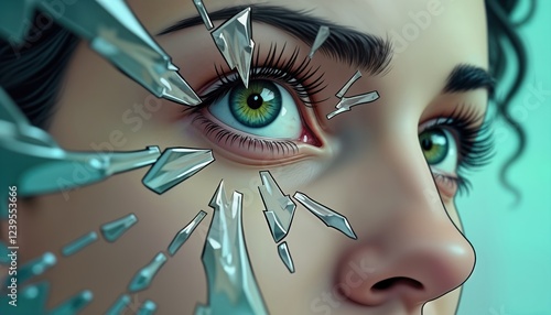 Closeup illustration of woman with fractured glass covering face. Distorted reflection shows identity crisis. Broken mirror fractured perceptions, mind confusion. Psychological concept of photo