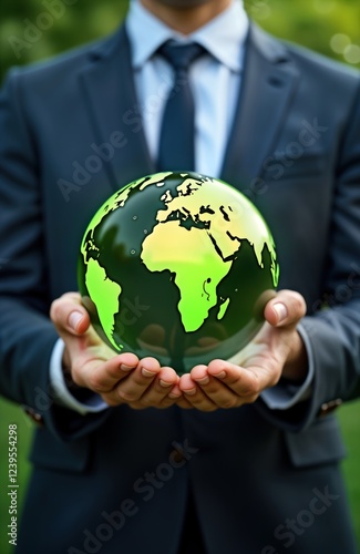 Businessman holds eco friendly earth globe. Sustainable investment concept. Business strategy for global eco development. Man cares for planet. Investment plan for responsible eco action. Global photo