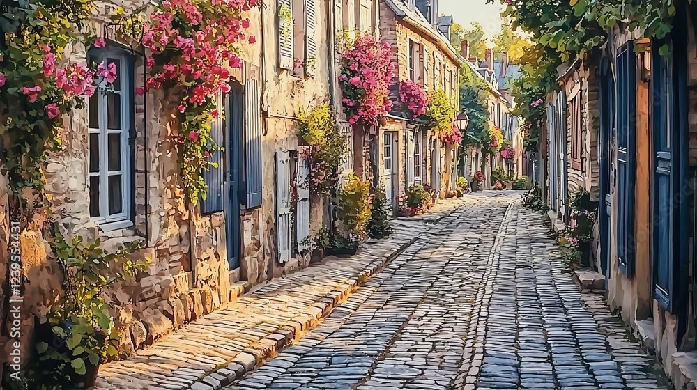 Fototapeta premium International Childrens Book Day Fairy Tales Charming cobblestone street with vibrant flowers.
