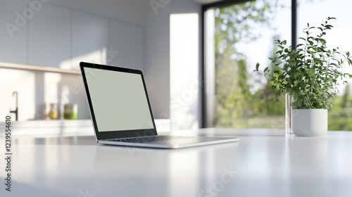 Open Laptop on White Countertop in Minimalist Kitchen Space photo