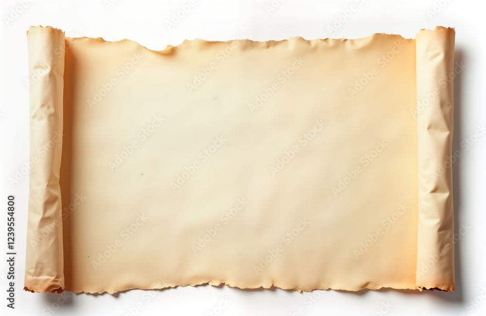 Fototapeta premium Blank parchment scroll. Unfolded ancient document. Simple design on light beige background. Empty template for design. Vintage style with soft light. Aged paper. Natural material. Flexible surface
