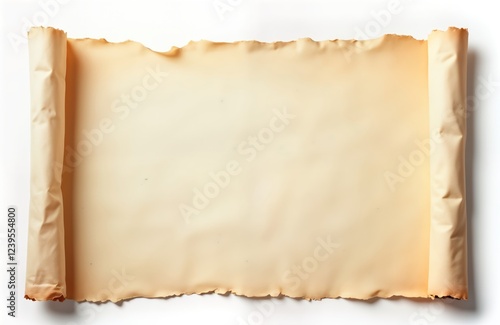 Blank parchment scroll. Unfolded ancient document. Simple design on light beige background. Empty template for design. Vintage style with soft light. Aged paper. Natural material. Flexible surface photo