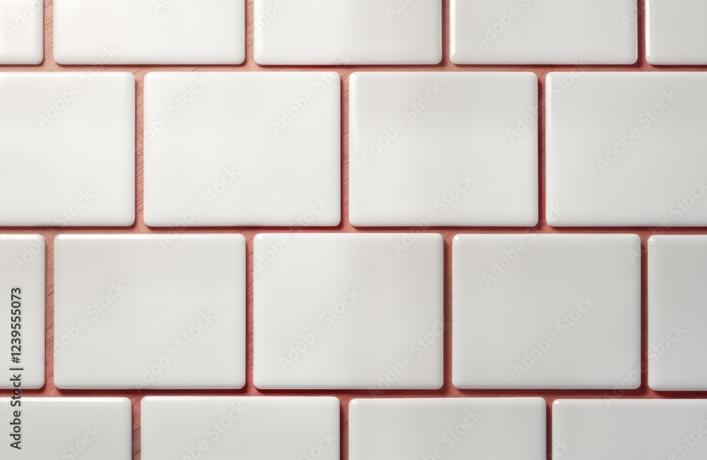 Obraz premium White square tiles with red grout lines form geometric pattern. Clean, modern design. Ideal for backgrounds, interior design, home improvement projects. Minimalist style. Perfect for wall covering,