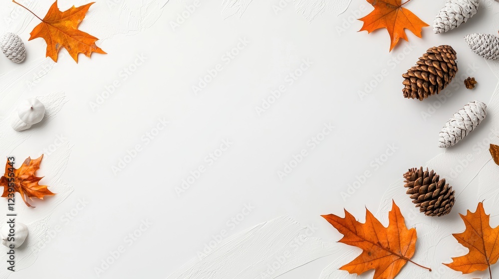 Autumn leaves, pine cones on white background; fall template Autumn leaves, pine cones on white background; fall template