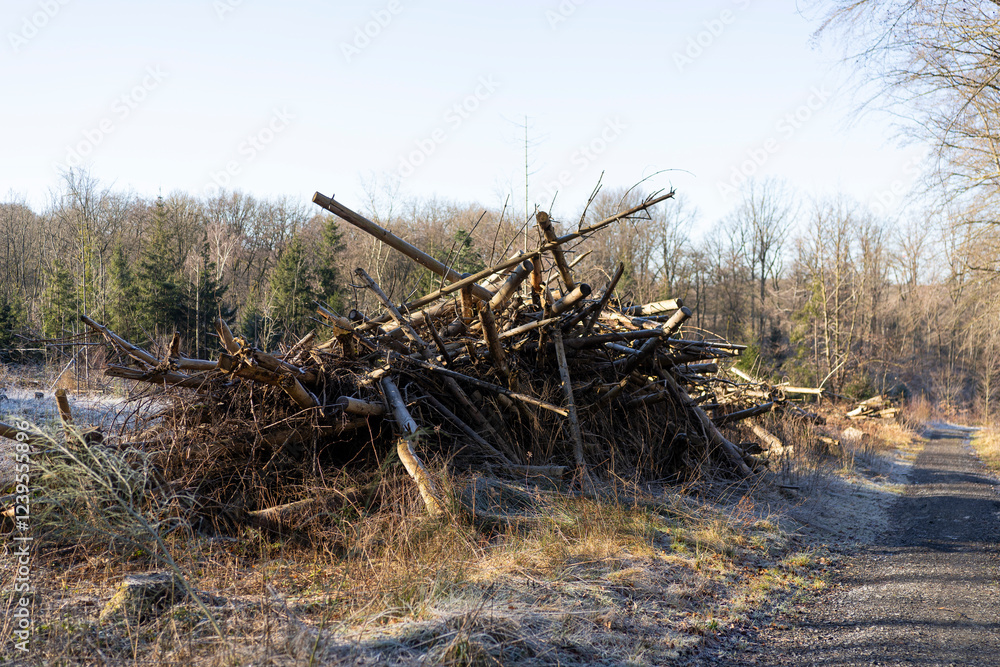 frost covered pile of cut tree trunks in frozen forest on cold winter morning. Concept of nature's sustainability frost covered pile of cut tree trunks in frozen forest on cold winter morning. Concept of nature's sustainability