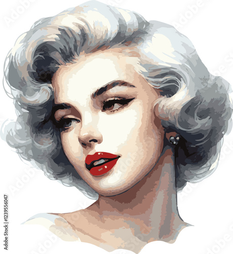 Beautiful watercolor illustration of an elegant lady in 1950s style with red lips