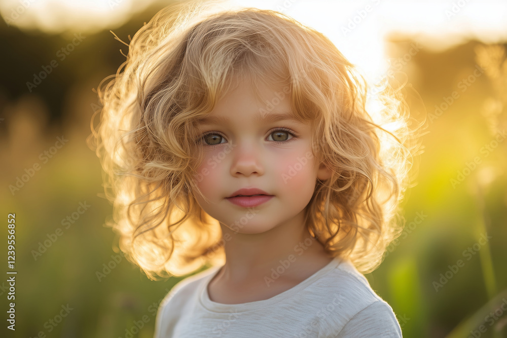 Golden backlight enhances the charm of a child in a tranquil field setting Golden backlight enhances the charm of a child in a tranquil field setting