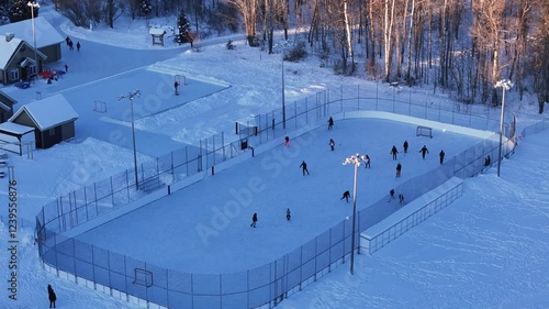 Outdoor Hockey Game in Winter Flyover