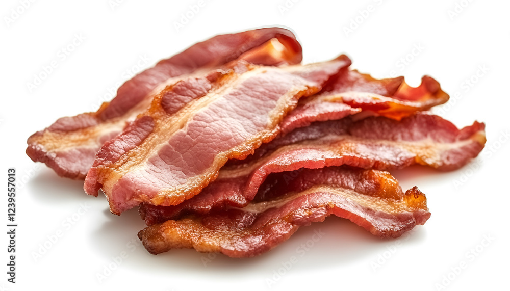 Slices of tasty fried bacon isolated on white Slices of tasty fried bacon isolated on white