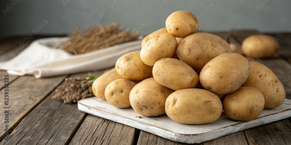 Fresh Organic Potatoes Piled on Rustic Wooden Table Fresh Organic Potatoes Piled on Rustic Wooden Table