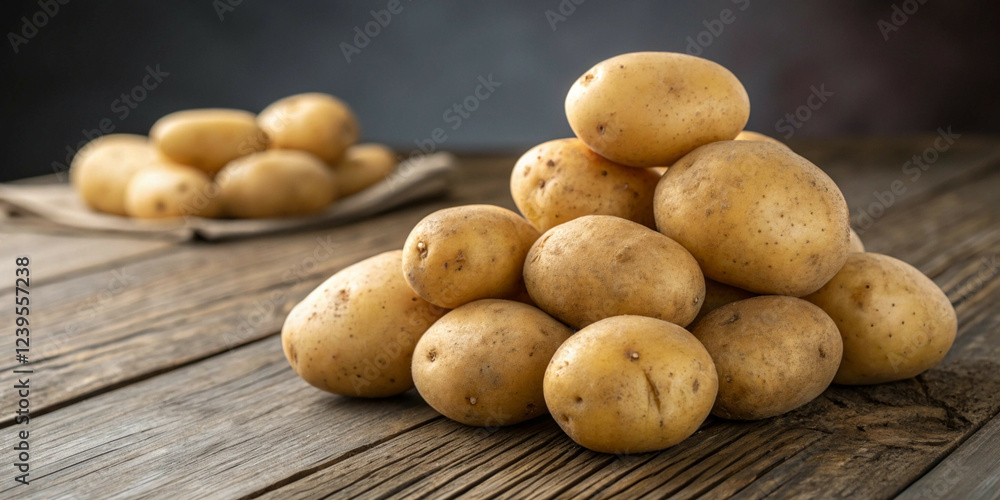 Fresh Organic Potatoes Piled on Rustic Wooden Table Fresh Organic Potatoes Piled on Rustic Wooden Table