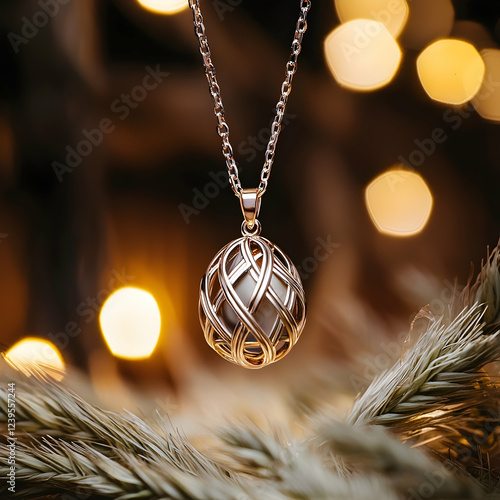 Elegant silver necklace pendant, festive bokeh background, nature setting, jewelry advertising