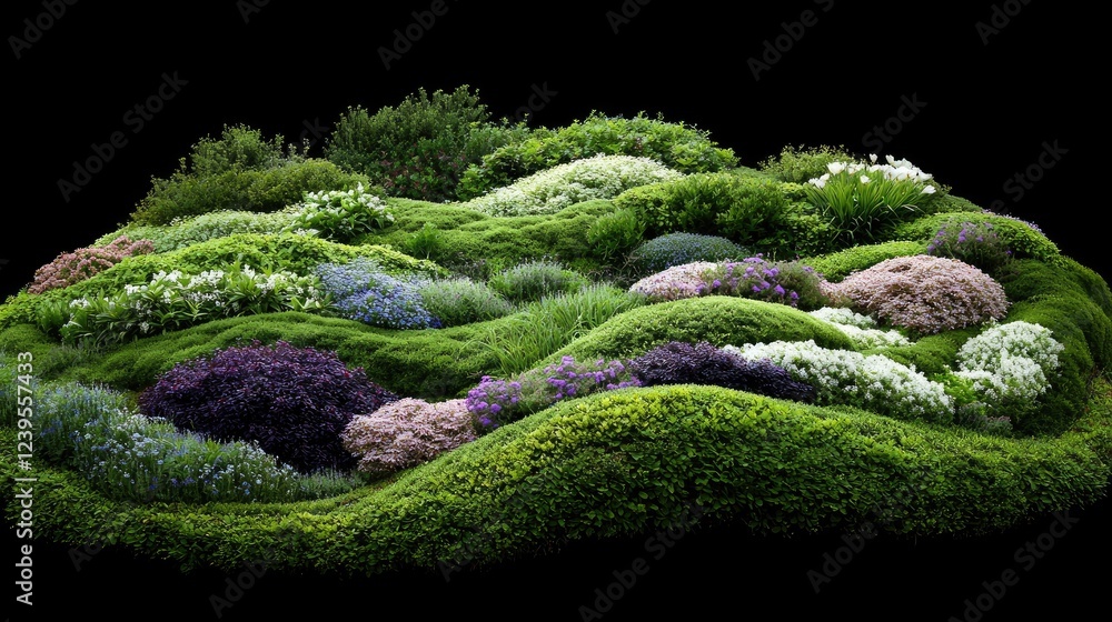Lush garden landscape design, vibrant flowers, rolling hills, black background, perfect for gardening websites
