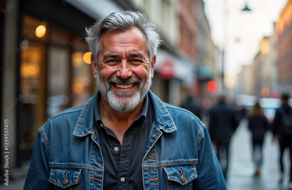 Happy mature man with grey beard and mustache smiles at camera while walking city street. Casual clothes stylish man in urban environment. Looks like a tourist enjoying time in city center. Happy mature man with grey beard and mustache smiles at camera while walking city street. Casual clothes stylish man in urban environment. Looks like a tourist enjoying time in city center.