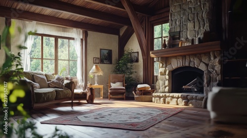 Wallpaper Mural Cozy Rustic Living Room with Fireplace and Natural Light Streaming Through Windows Torontodigital.ca