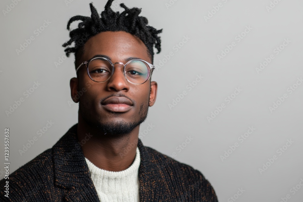 Fototapeta premium Stylish Portrait of a Young Man with Glasses and Natural Hair in a Minimalist Setting