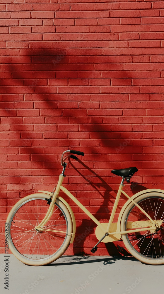 Pastel bicycle leaning against red brick wall, sunlit, palm shadow, urban setting, travel poster Pastel bicycle leaning against red brick wall, sunlit, palm shadow, urban setting, travel poster