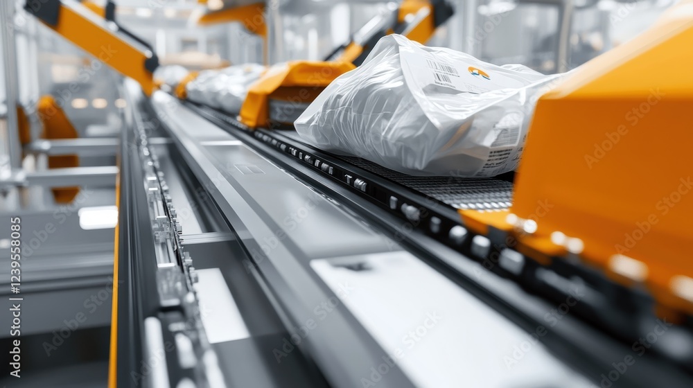 A medium closeup of a conveyor system where large bags of recyclables are being od with AIdriven machinery segregating items based on material types highlighting a dynamic interaction A medium closeup of a conveyor system where large bags of recyclables are being od with AIdriven machinery segregating items based on material types highlighting a dynamic interaction