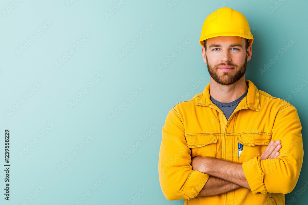 Construction worker posing confidently in a bright yellow safety outfit against a pale blue background