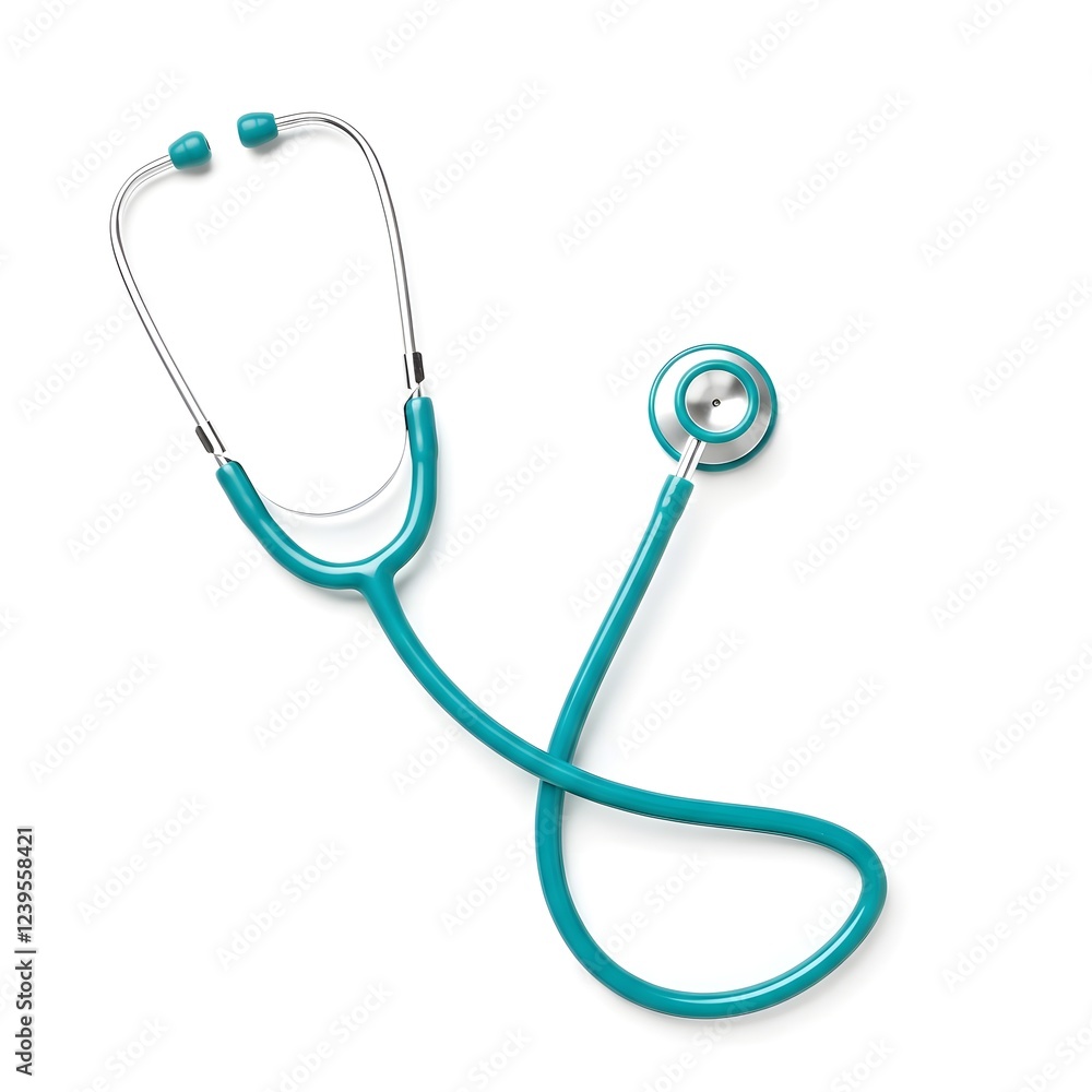 A teal-colored stethoscope, lying diagonally across the image. The stethoscope's tubing is a vibrant teal, and the earpieces and the metal diaphragm are a polished, light-gray/silver. A teal-colored stethoscope, lying diagonally across the image. The stethoscope's tubing is a vibrant teal, and the earpieces and the metal diaphragm are a polished, light-gray/silver.