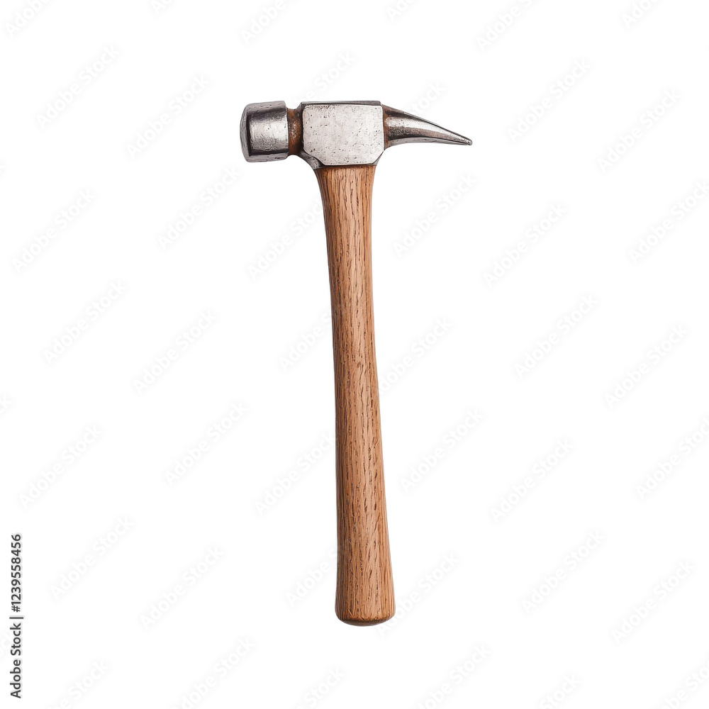 A close-up of a hammer with a wooden handle on a white isolated background. A close-up of a hammer with a wooden handle on a white isolated background.