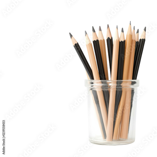 A clear glass jar filled with colored pencils arranged neatly, showcasing creativity and art supplies on a white background.