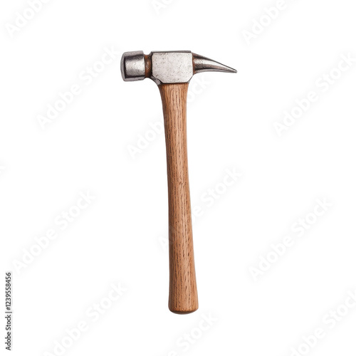 A close-up of a hammer with a wooden handle on a white isolated background.