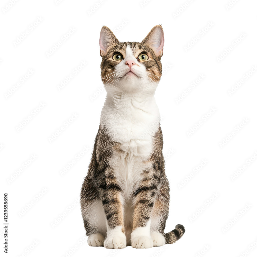 Obraz premium A curious cat looking upwards, isolated on a white background, perfect for pet-related themes.