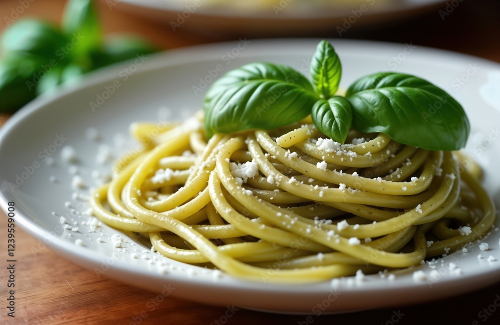 Delicious pesto pasta dish with fresh basil. Spaghetti tossed in pesto sauce topped with grated cheese. Italian food concept served on white plate. Ideal for lunch or dinner. A healthy and tasty meal. Delicious pesto pasta dish with fresh basil. Spaghetti tossed in pesto sauce topped with grated cheese. Italian food concept served on white plate. Ideal for lunch or dinner. A healthy and tasty meal.