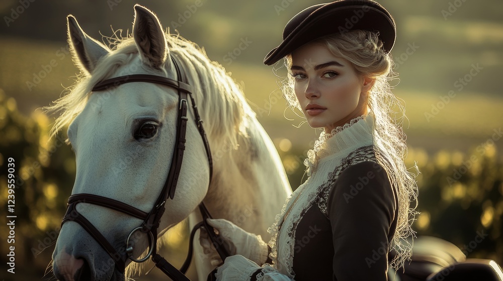 Obraz premium elegant woman with her horse in a wine field in Italy