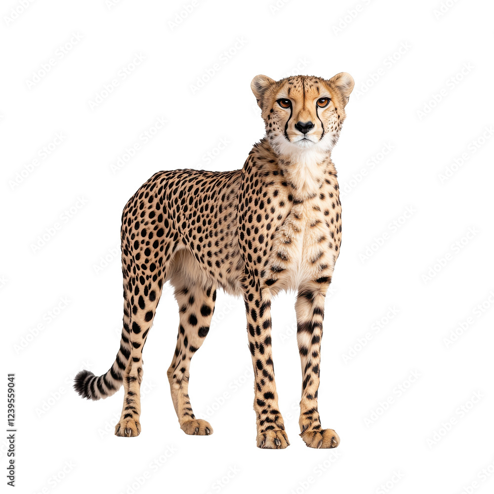 A majestic cheetah stands gracefully against a white background, showcasing its unique spots and strong physique. A majestic cheetah stands gracefully against a white background, showcasing its unique spots and strong physique.