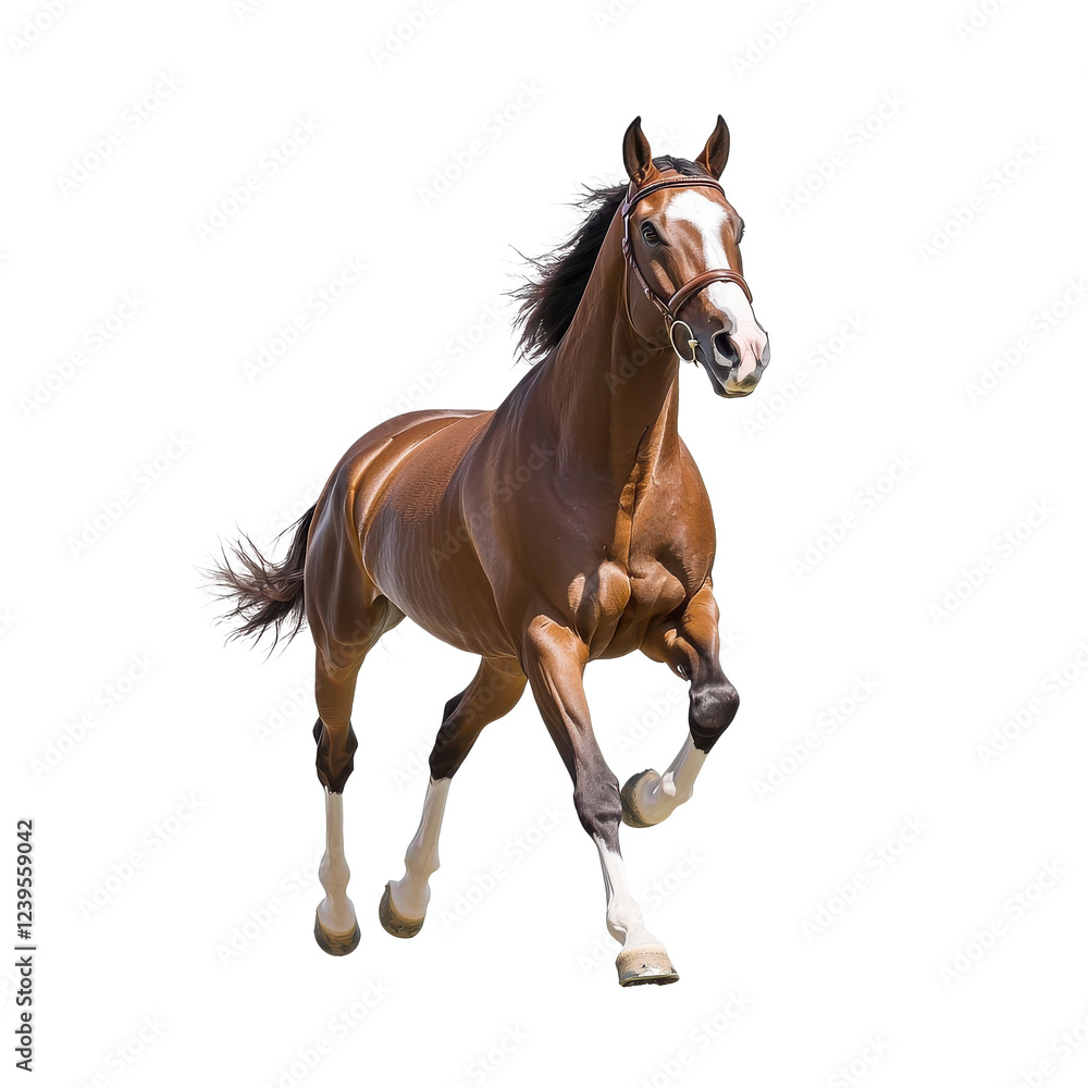 Fototapeta premium A majestic horse running gracefully, showcasing its strength and elegance against a white isolated background.