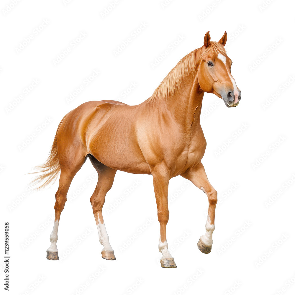 Obraz premium A majestic horse with a shiny golden coat walking gracefully against a white background.