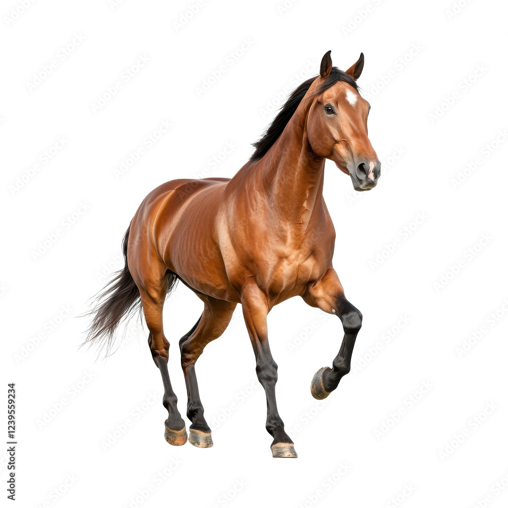 Naklejka premium A stunning brown horse in motion, showcasing strength and grace against a white isolated background.