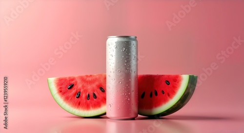 Cool energy drink mockup with watermelon slices on pink background. Fresh fruit, refreshing drink combo. Summer beverage concept. Blank template for product advertising. Three-dimensional design. photo