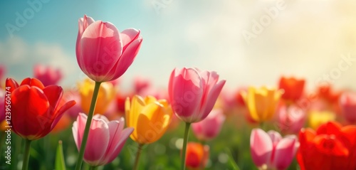 Colorful tulips bloom in garden. Vibrant flowers in various shades of pink yellow, red. Sunlight highlights blossoms in spring landscape. Beautiful springtime scene. Wonderful background for seasonal