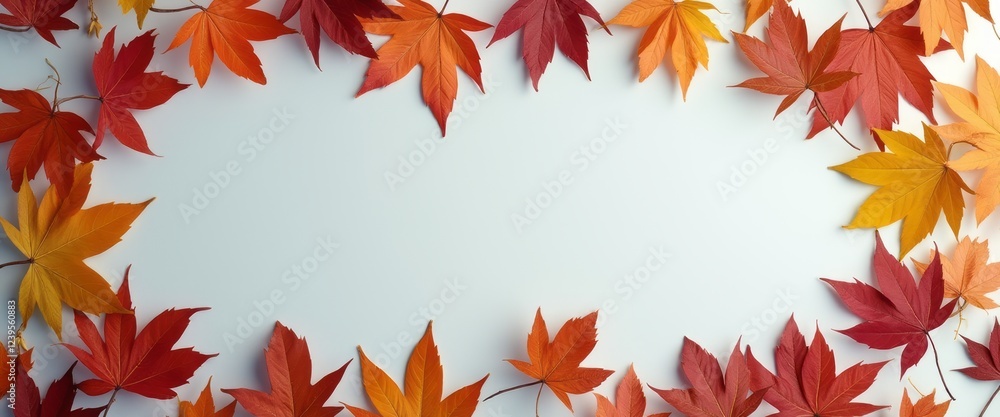 A stunning arrangement of vibrant autumn leaves in shades of red, orange, and yellow creates a beautiful border around a tranquil blank space. This captivating composition evokes the essence of fall A stunning arrangement of vibrant autumn leaves in shades of red, orange, and yellow creates a beautiful border around a tranquil blank space. This captivating composition evokes the essence of fall