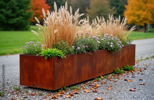 Rustic elevated flowerbed in autumn. Perennial plants, dry grasses fill long rectangular corten steel planter. Planter sits on gravel road surface. Colorful autumn leaves surround planter. Natural,