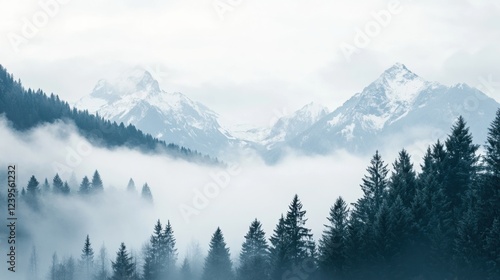Mountain landscape enveloped in mist with evergreen trees and snow capped peaks during early morning light. Generative AI