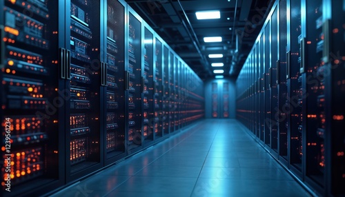 Advanced data center full of server cabinets. High tech equipment displays strong light. Modern infrastructure for cloud computing services. Futuristic design  powerful tech solutions. Illustrative